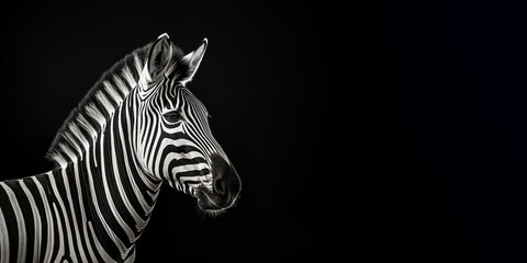 Fototapeta na wymiar Black and white photorealistic studio portrait of a Zebra on black background. Generative AI illustration