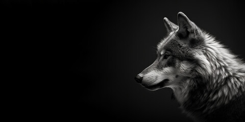 Black and white photorealistic studio portrait of a Wolf on black background. Generative AI illustration - obrazy, fototapety, plakaty