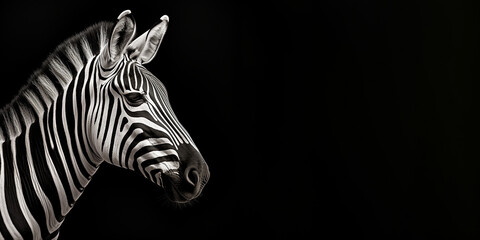 Black and white photorealistic studio portrait of a Zebra on black background. Generative AI illustration