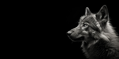 Fototapeta premium Black and white photorealistic studio portrait of a Wolf on black background. Generative AI illustration