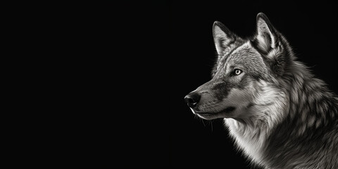 Fototapeta premium Black and white photorealistic studio portrait of a Wolf on black background. Generative AI illustration