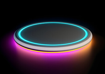 Glowing neon white podium on dark background