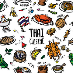 cute doodle cartoon regional tasty Thai foods popular menu , desserts ,fruit and ingredients. drawing seamless pattern background vector outline colorful hand drawn for Thai street foods isolated