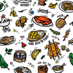 cute doodle cartoon regional tasty Thai foods popular menu , desserts ,fruit and ingredients. drawing seamless pattern background vector outline colorful hand drawn for Thai street foods isolated