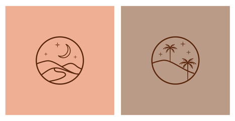 Bohemian logos, icons, symbols with landscape, sun, crescent moon, sky, star, and palms.Boho linear symbols in trendy minimal style. Modern celestial emblems. Branding design templates.