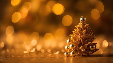 Golden. Close up of christmas balls andchristmas tree. Bokeh garlands on blurred background. Christmas tree and Christmas decorations. Generative ai