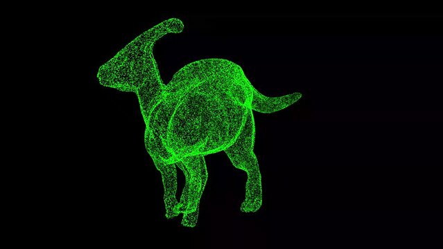 3D dinosaur Parasaurolophus rotates on black background. Object made of shimmering particles. Wild animals concept. For title, text, presentation. 3d animation 60 FPS