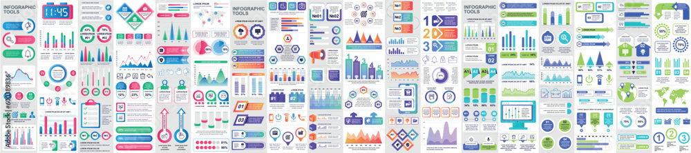 Aufkleber Mega set of infographic elements data visualization vector design template. Can be used for steps, options, business process, workflow, diagram, flowchart, timeline, marketing. Bundle info graphics.