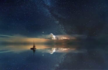 Obraz na płótnie Canvas fantasy night sky ocean milky way boat sailing desktop beautiful background