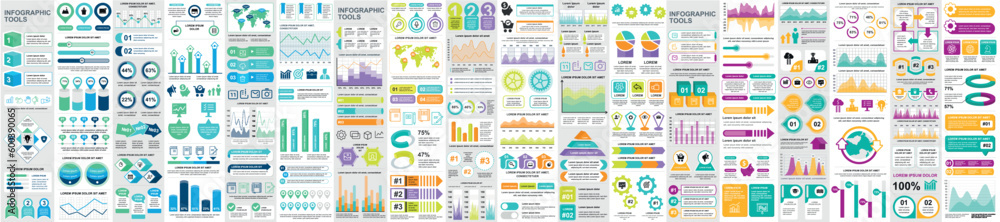 Aufkleber Mega set of infographic elements data visualization vector design template. Can be used for steps, options, business process, workflow, diagram, flowchart, timeline, marketing. Bundle info graphics.
