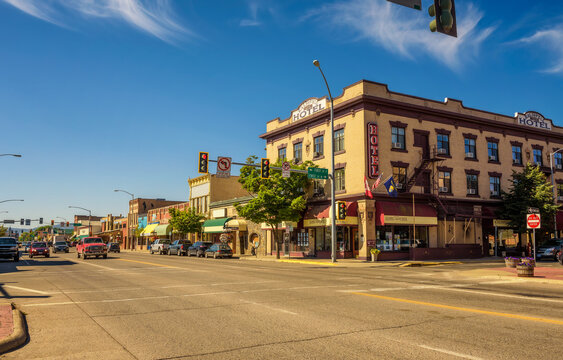 KALISPELL, MONTANA, USA - JULY 5, 2017 : Scenic street view with shops and hotels in Kalispell. Kalispell is the gateway to Glacier National Park.