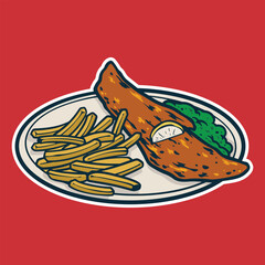 Fish and Chips - Cartoon style colorful vector illustration. Seafood icon concept isolated.