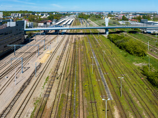 Krakow Plaszow big railroad station in Poland. Suspension cable-stayed bridge for tramways,...
