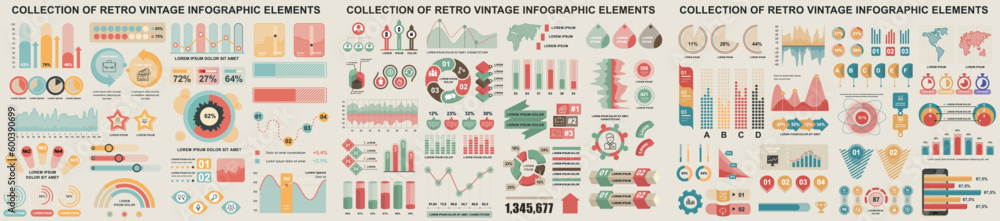Poster Mega set of vintage infographic elements data visualization vector design template. Can be used for steps, options, workflow, diagram, flowchart, timeline, marketing. Bundle retro info graphics.