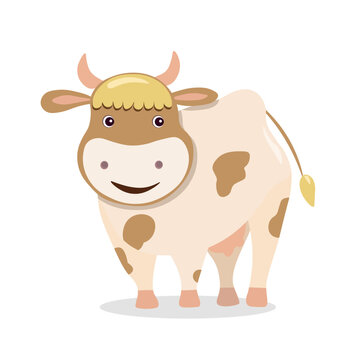 Cow brown and white funny cartoon image kids illustration farm anilmals.