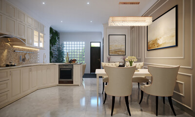 Modern new light interior of kitchen with white furniture and dining table