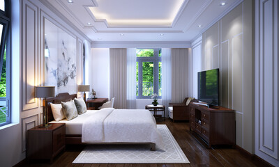 3d render bedroom interior of the stylish room with a big bed, painting, light