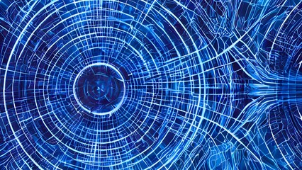 Fototapeta premium Abstract glowing spider web lines on dark blue background. Geometric stripe line art design. 