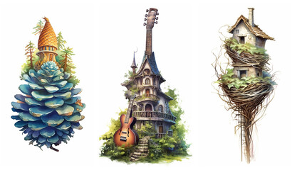 Watercolour fantasy music guitar, forest cone and bird nest houses. Greeting cards and envelopes artwork project.
