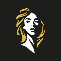 Fashion woman portrait golden waving hair outline silhouette logo for cosmetology care vector flat
