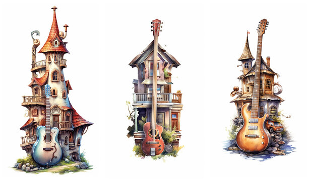 Watercolour fantasy music guitar houses. Greeting cards and envelopes artwork project.