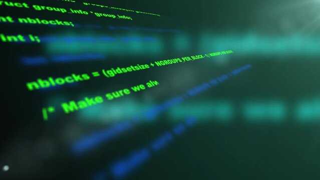 Blocks of abstract program code are written and moved in the virtual space. The camera flies through the computer code. looped.