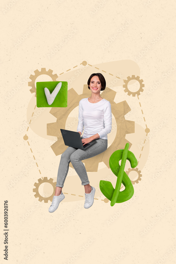 Aufkleber creative abstract template graphics collage image of smiling lady programming modern gadget app isol