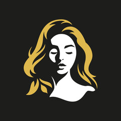 Elegant woman head with long golden hair face skin care beauty logo for cosmetologist vector flat