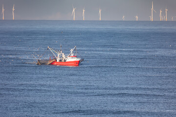 A cutter with lifted drag nets on the North sea with wind turbines in the background