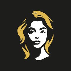Young blonde woman cute face hair silhouette logo for hairdresser beauty spa salon vector flat