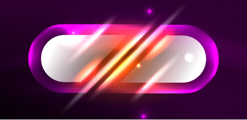 Neon glowing geometric shapes vector abstract background. Round elements, light effects and glass glossy style with color backdrop. Space cosmic or magic energy wallpaper