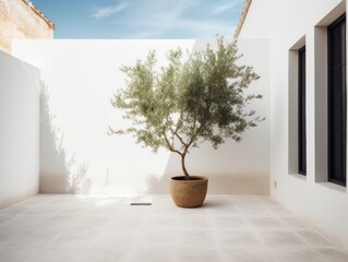 Mediterranean minimal wall and plant exterior architecture. AI generative