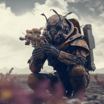 Hombre insecto robot cogiendo flores