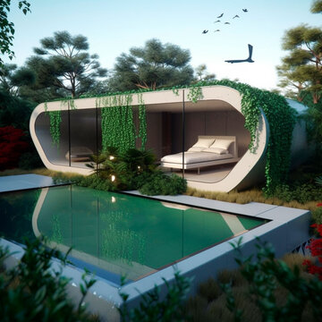 Casa lujosa futurista con piscina y plantas
