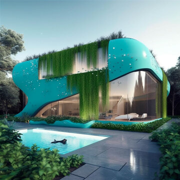 Casa lujosa futurista con piscina y plantas