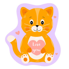 Cartoon cute plush red cat in love. Funny character. Vector illustration