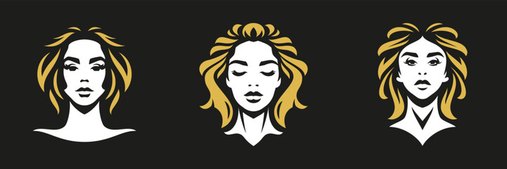 Beauty young woman portrait hair style silhouette minimalist logo skin care cosmetic set vector flat