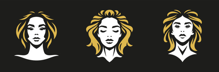 Beauty young woman portrait hair style silhouette minimalist logo skin care cosmetic set vector flat