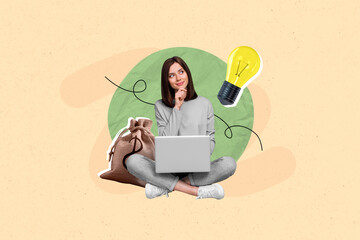 Creative artwork 3d collage photo of minded clever girl think idea for business investing money...