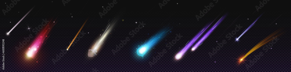 Poster comet and meteoroid fall speed trail galaxy vector set. 3d meteor shower with flame in sky effect wi