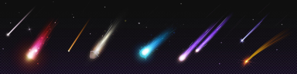 Comet and meteoroid fall speed trail galaxy vector set. 3d meteor shower with flame in sky effect with star. Isolated flying astronomy object tail at night illustration. Fast shooting cosmic dust - obrazy, fototapety, plakaty