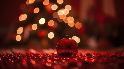 Red. Close up of christmas balls andchristmas tree. Bokeh garlands on blurred background. Christmas tree and Christmas decorations. Generative ai