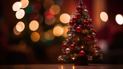 Fototapeta na wymiar Red. Close up of christmas balls andchristmas tree. Bokeh garlands on blurred background. Christmas tree and Christmas decorations. Generative ai