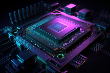 Highly advanced microchip processor with a series of blue and purple lights illuminating its intricate circuitry. Ai generated