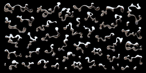 Chromed liquid metal elements in abstract wave shapes and droplets, isolated 3D volumetric vector forms for futuristic or Y2K design, silver, spilled mercury