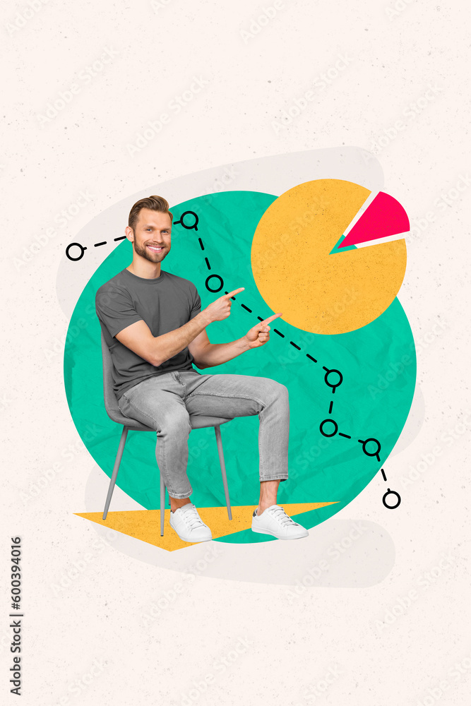 Poster exclusive magazine picture sketch collage image of happy smiling guy pointing finance diagram isolat