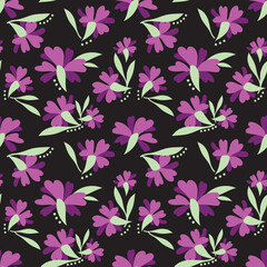 Seamless pattern of  cute purple flower branches with leaves on black background.