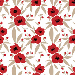 Seamless pattern of cute red flower branches with leaves on write background.