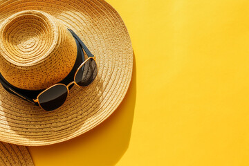 Straw hat and sunglasses on yellow background with copy space. Fashion clothing accessories and beach holidays, summer vacation and shopping concept. Female summer accessories. Flat lay, AI generated