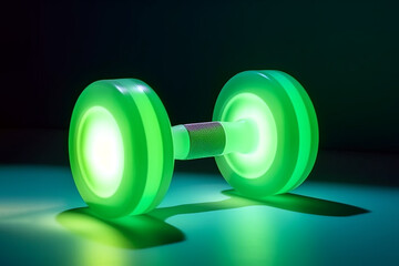 Obraz na płótnie Canvas Neon glowing dumbbell on green background. Working out concept, fitness, sport activity and healthy lifestyle theme, equipment for home workouts or exercises in a gym. AI generated